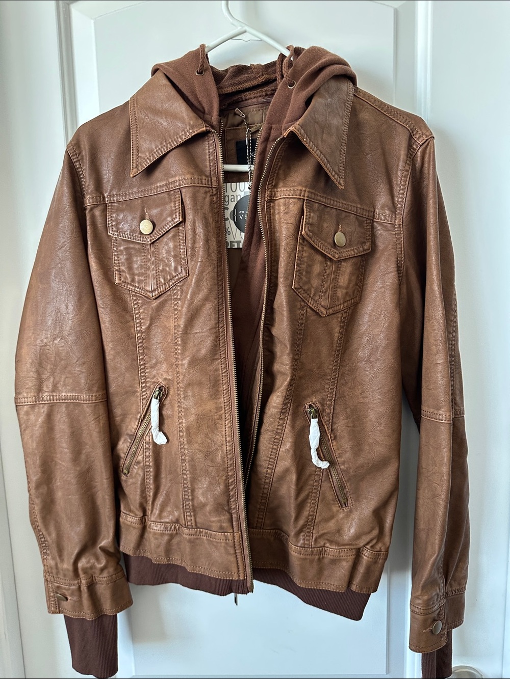 Brown Vegan Leather Hooded Jacket